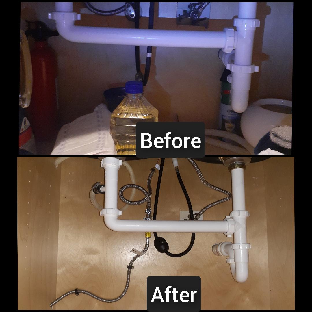 Two views of an under-sink cabinet showing how pipes occupy storage space